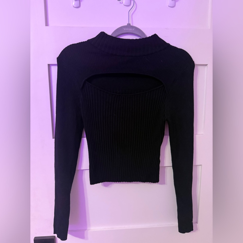 Say What? Black Ribbed Long-Sleeve Top with Back Cutout